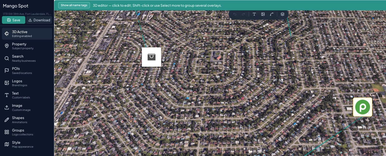 CRE Retail Maps photorealistic 3D editor with logos, leader lines, and name-tag controls